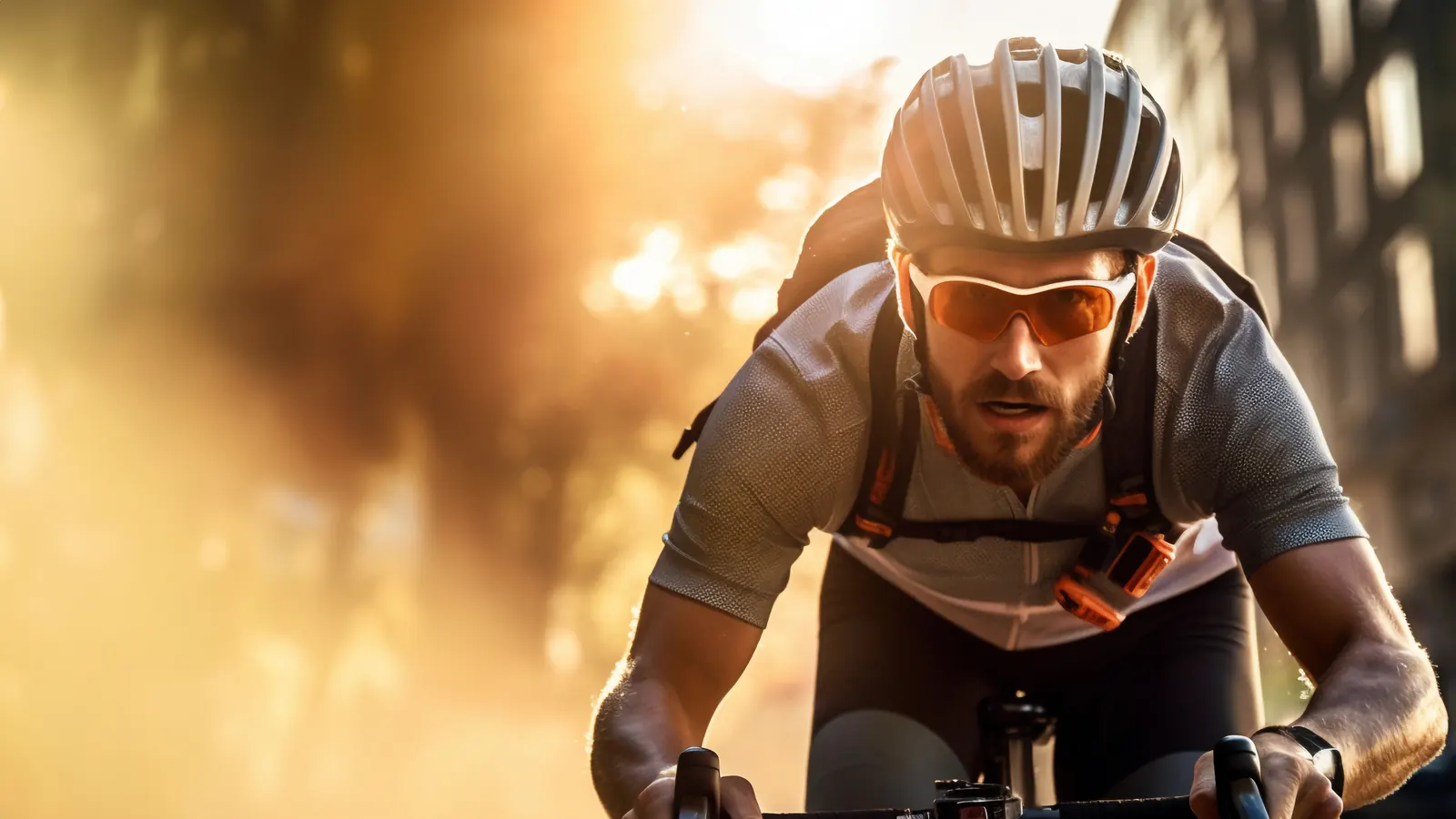 Ciclista com capacete e óculos pedalando ao sol — check-up esportivo para treinar e competir com segurança em Curitiba