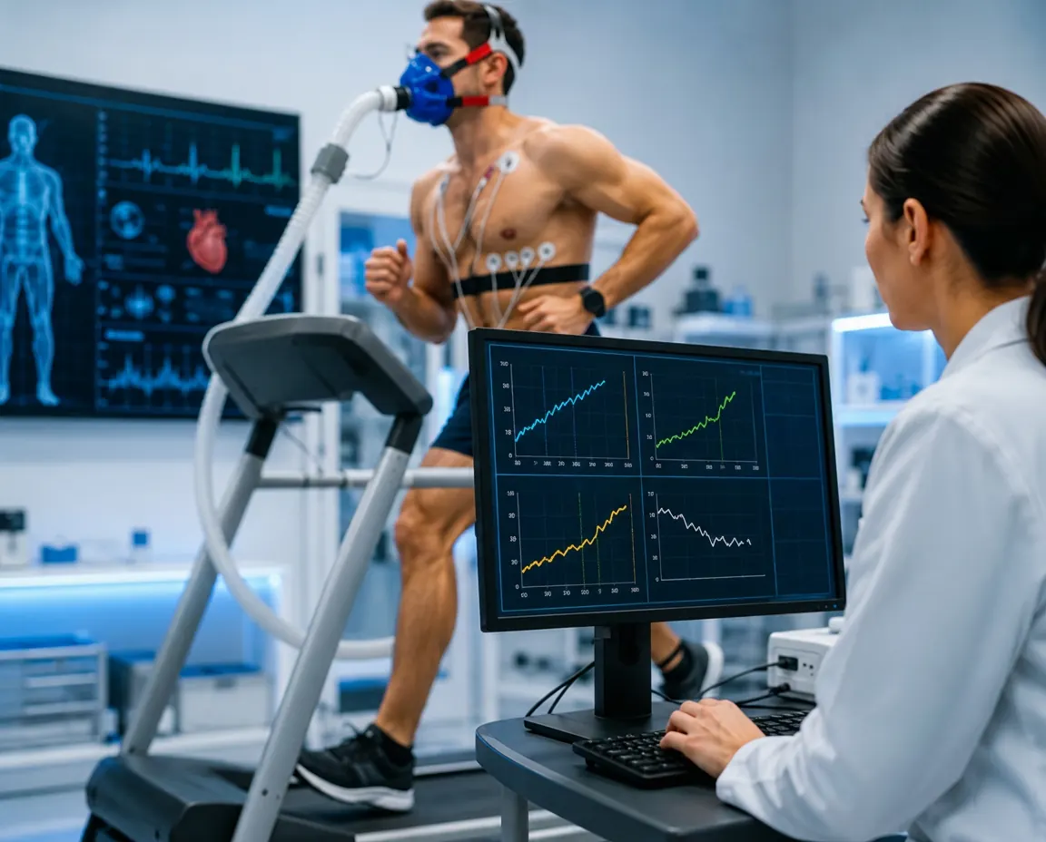 Ergoespirometria em Curitiba: atleta na esteira com máscara de análise de gases e ECG, acompanhado pela equipe médica do IEMEX Performance